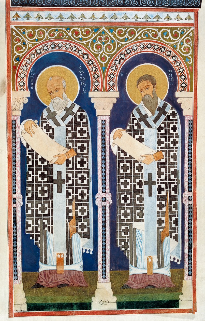 De heilige Gregorius van Nyssa en de heilige Basilius Groot, vaders van de Grieks-orthodoxe kerk, gravure, 4e eeuw door Artist Unknown