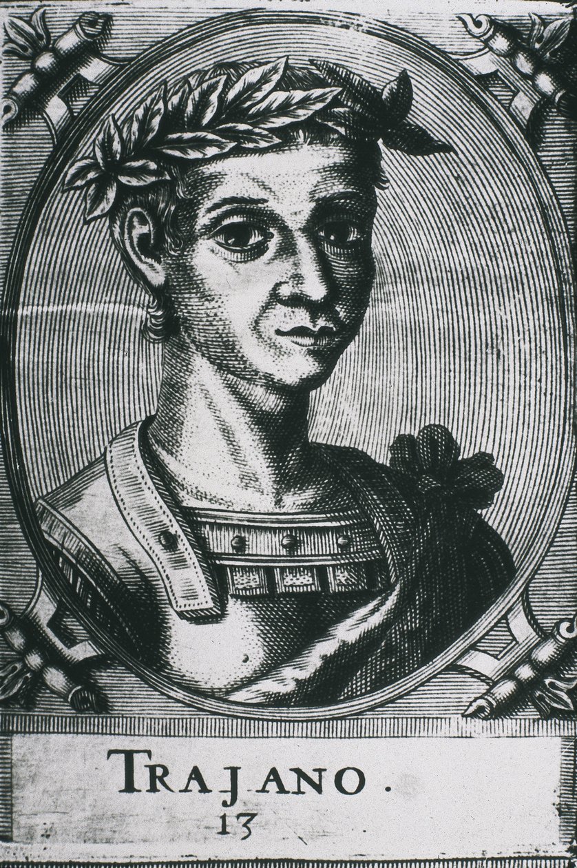 TRAJANUS, Marcus Ulpius Traianus (53-117). Portret van Trajanus met lauweren. Detail van de originele gravure door Artist Unknown