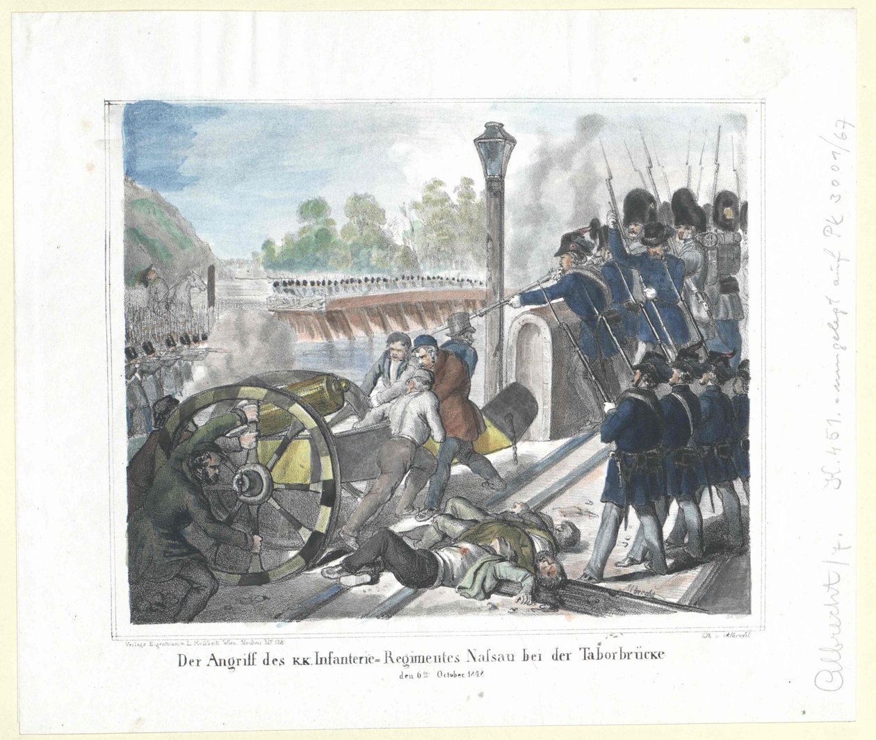 De aanval van het k. k. Infanterieregiment Nassau bij de Taborbrücke op 6 oktober 1848 door Artist Unknown