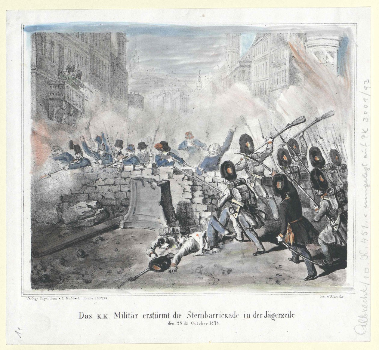 Het k. k. leger bestormt de Sternbarrikade in de Jaegerzeile op 28 oktober 1848 door Artist Unknown