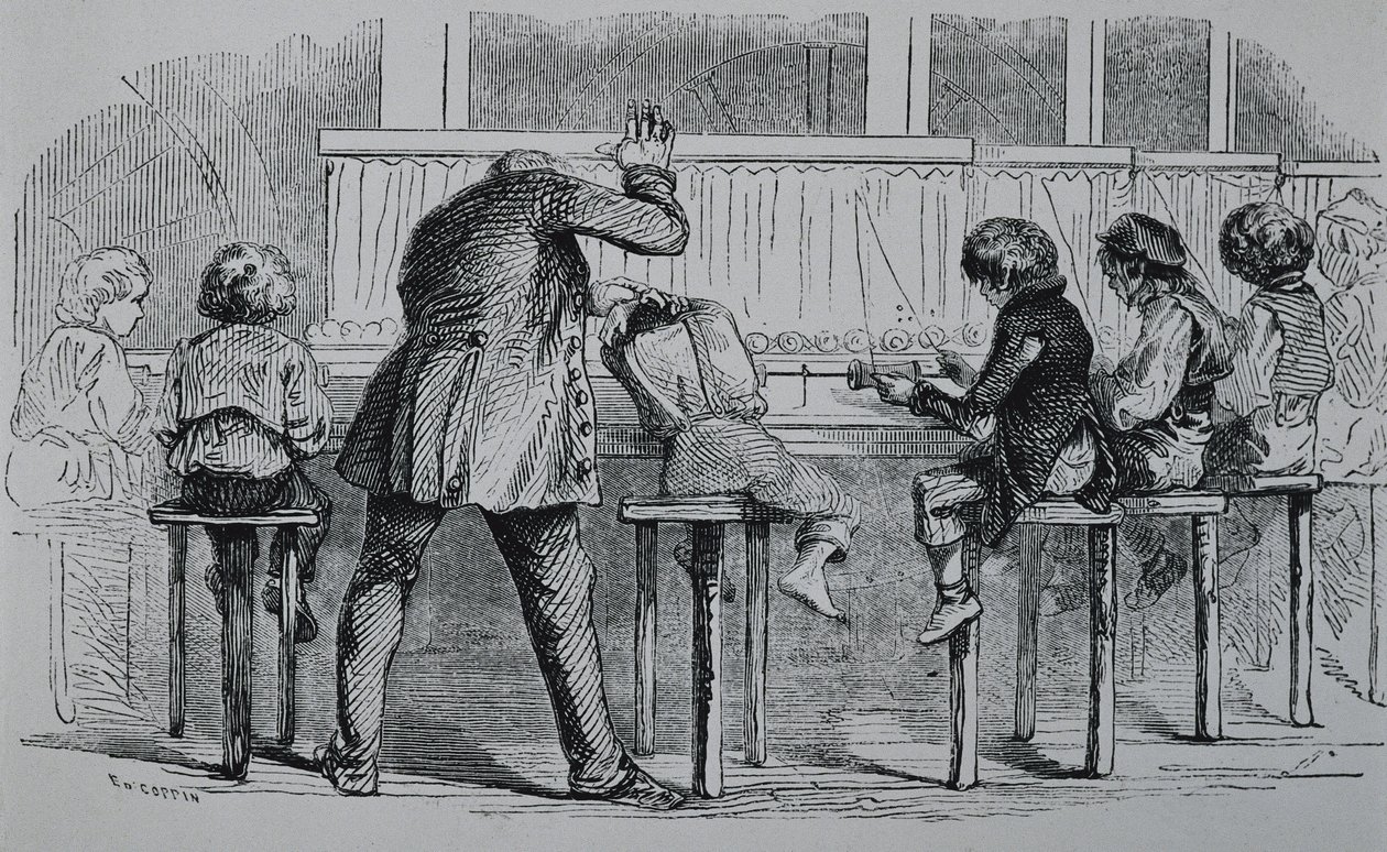 VERENIGD KONINKRIJK. ENGELAND. Industriële Revolutie. Kinderen die machines gebruiken in een textielfabriek. Gravure door Artist Unknown