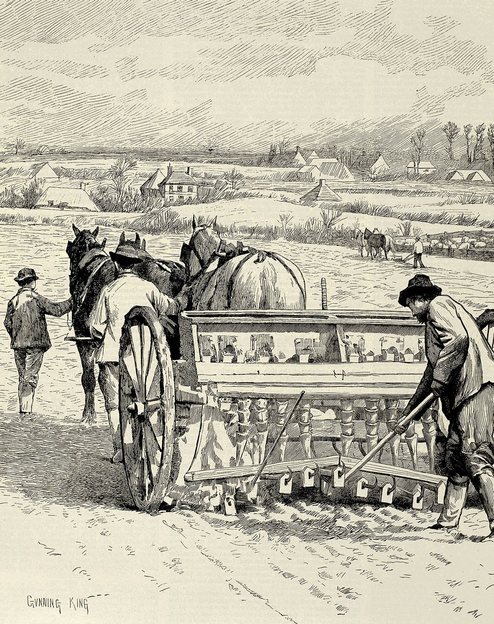 VERENIGD KONINKRIJK. ENGELAND. Industriële Revolutie. Boormachine uitgevonden door Jethro Tull. Gerst zaaien in februari. Tekening door Gunning King gepubliceerd in 