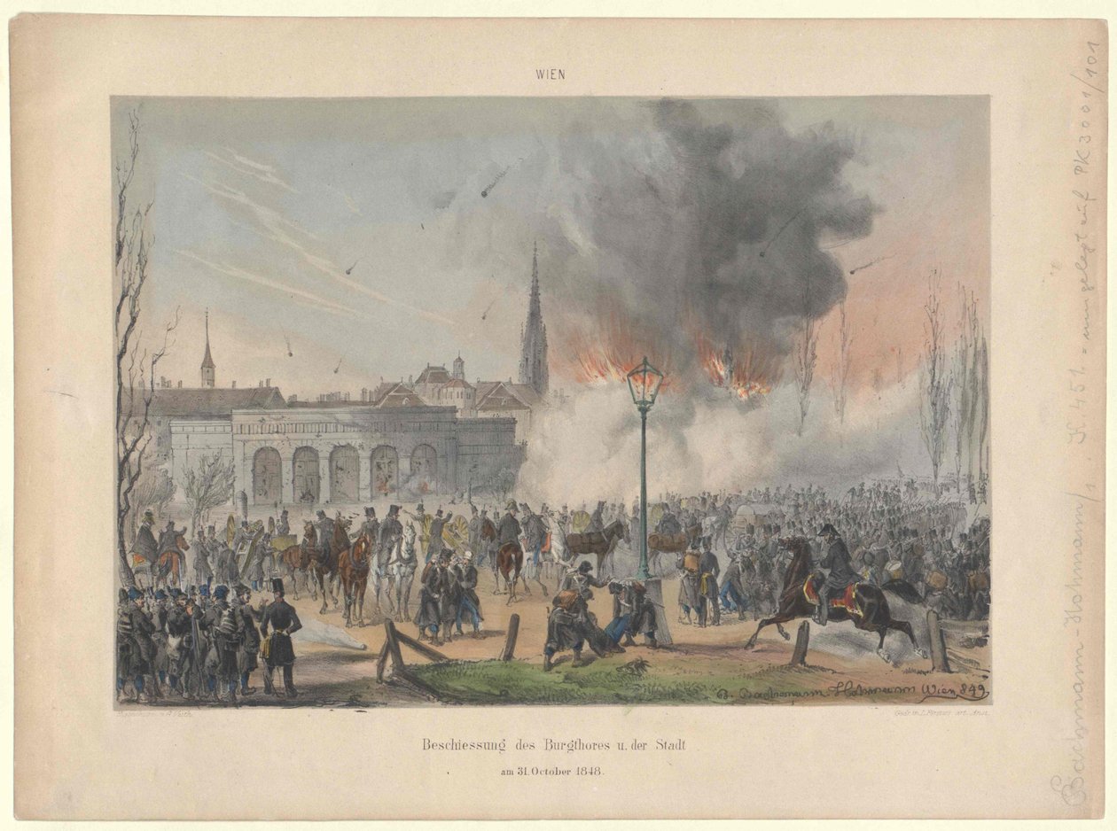 Bombardement van de kasteelpoort en de stad Wenen op 31 oktober 1848 door Artist Unknown