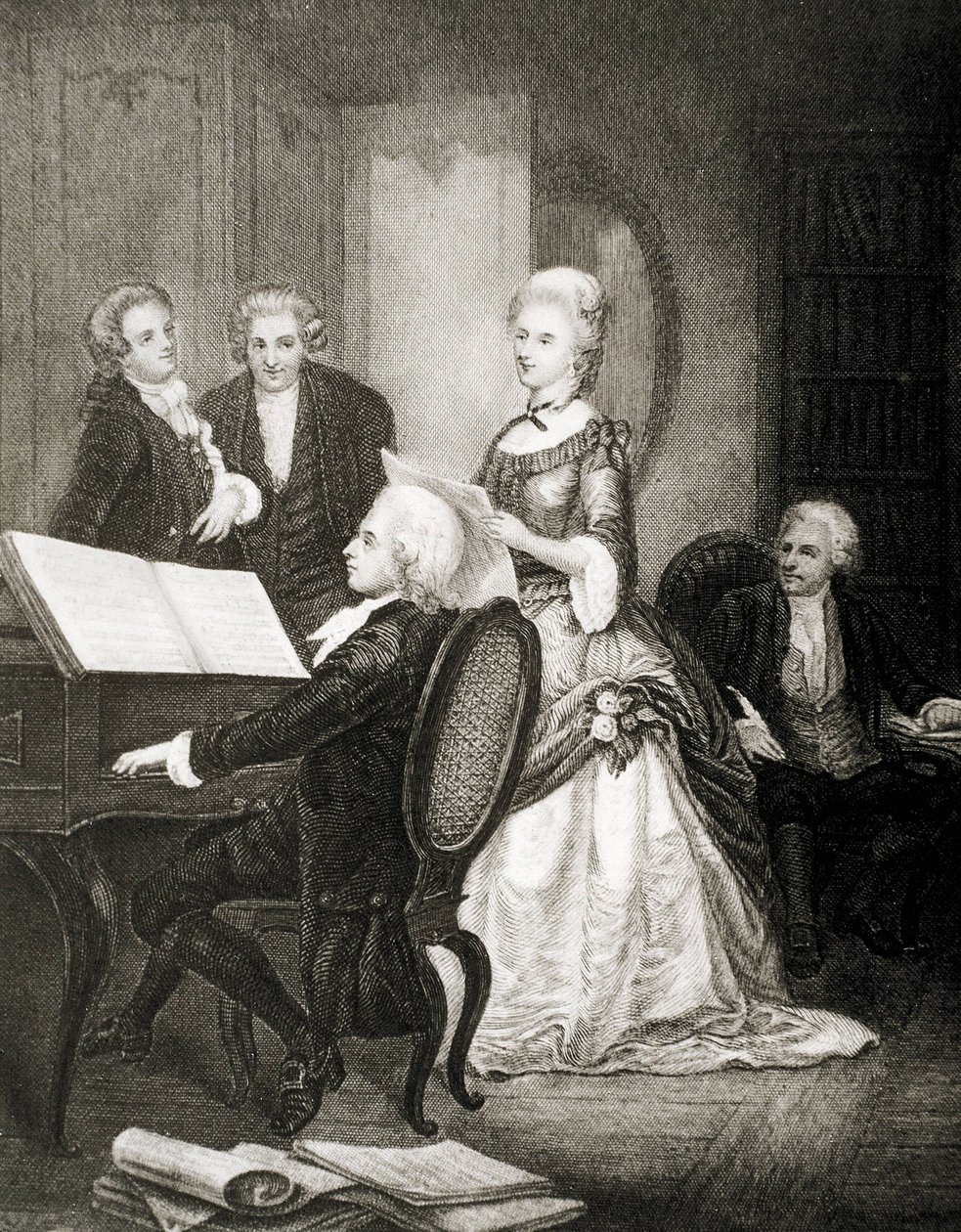 Wolfgang Amadeus Mozart begeleidt sopraan Caterina Cavalieri op piano. door Artist Unknown