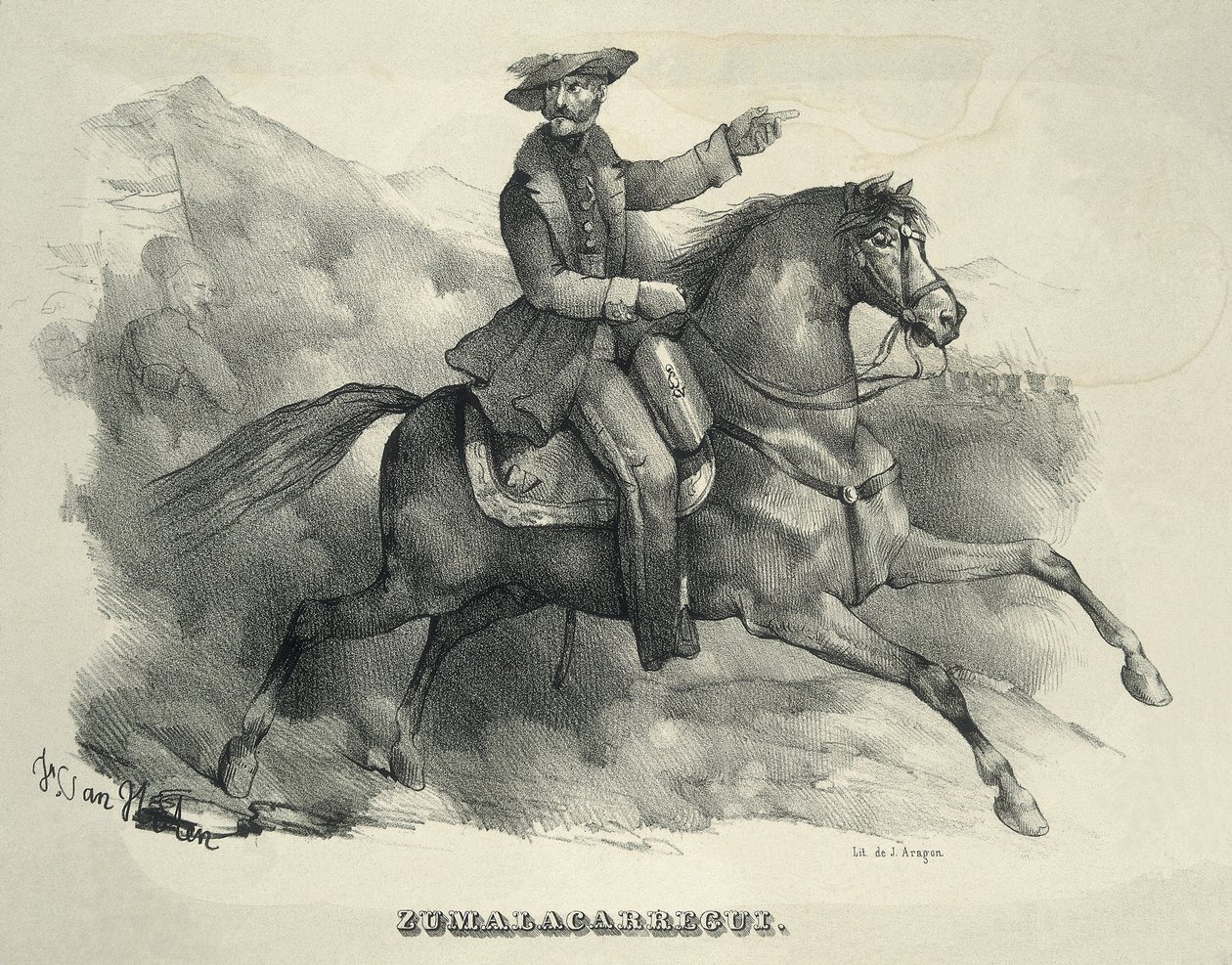 Tomas Zumalacarregui (1788-1835). Carlistische generaal. Spanje. Eerste Carlistenoorlog. Zumalacarregui te paard. Gravure. door Artist Unknown