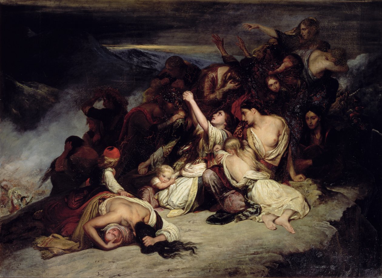 De wanhopige vrouwen van Rumili, die hun mannen verslagen zien door de troepen van Ali Pasha, de 