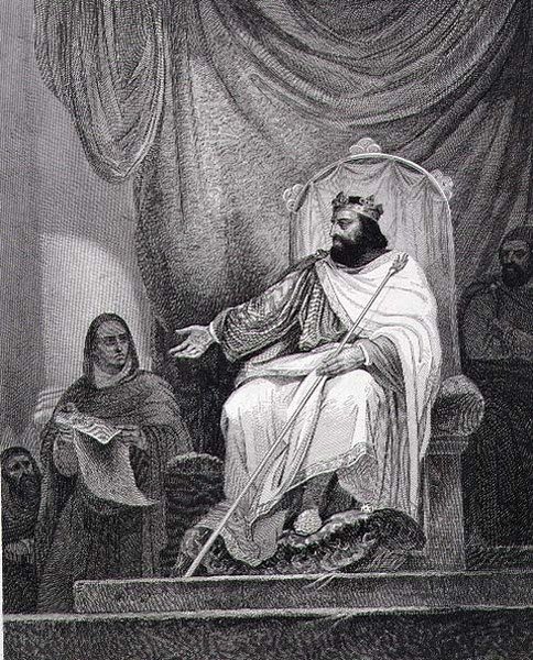 Karel de Grote (742-814) geeft het Capitulair van Herstal uit in 779, gegraveerd door Leclerc door Ary (after) Scheffer