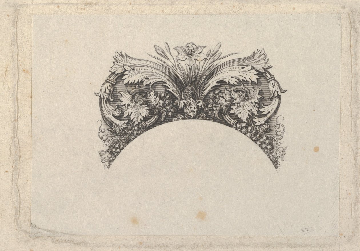 Gebogen frame-element voor bankbiljet, met acanthus- en wijnbladeren, lelie en druiven door Asher Brown Durand.