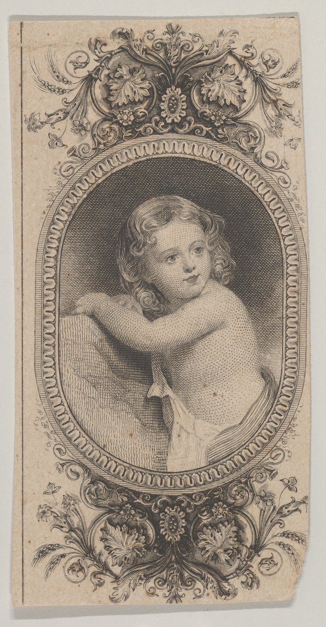 Bankbiljetmotief: een kinderportret en twee ovale patronen omgeven door een bloemenrand door Asher Brown Durand.