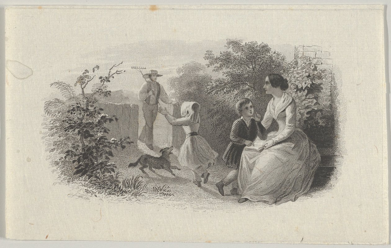Bankbiljet vignette met een familie in een tuin door Asher Brown Durand.