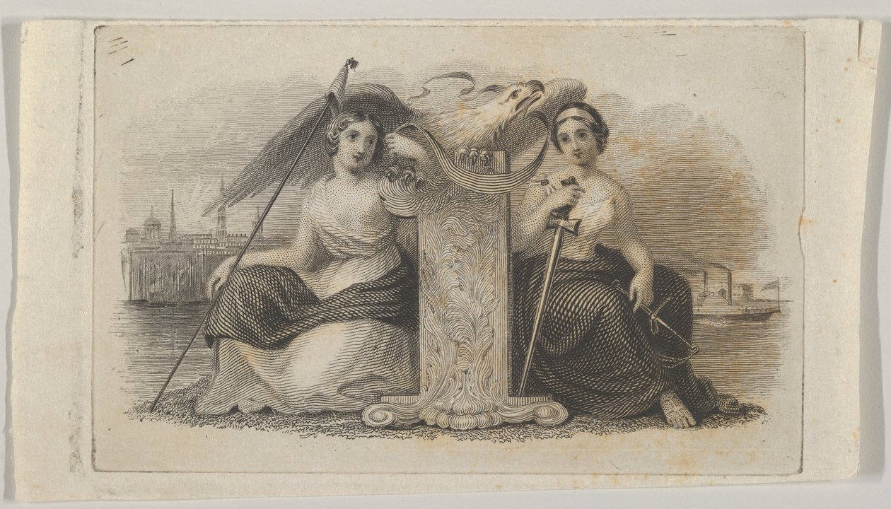 Bankbiljet vignet met vrouwelijke figuren die Vrijheid en Gerechtigheid vertegenwoordigen, ca. 1824-37 door Asher Brown Durand.