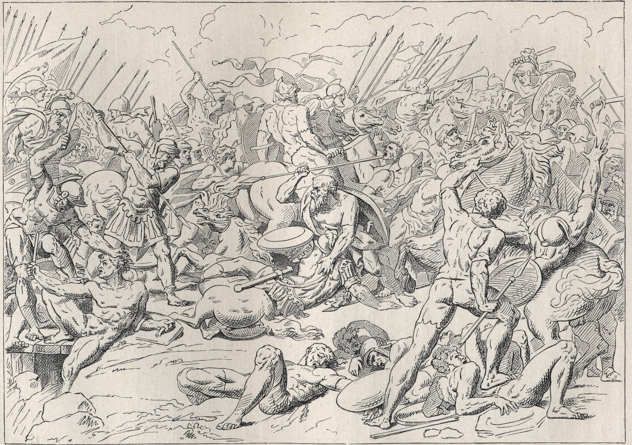 Peloponnesische Oorlog: De Slag bij Potidea (La battaglia di Potidea) waar de Griekse filosoof Socrates zijn leven redde in Alcibiade. (Gravure d