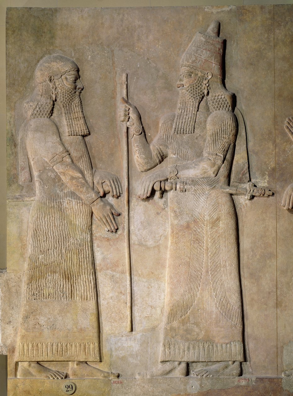 Reliëf met Sargon II (721-705 v.Chr.) en een vizier, uit het Paleis van Sargon II in Khorsabad, Irak door Assyrian