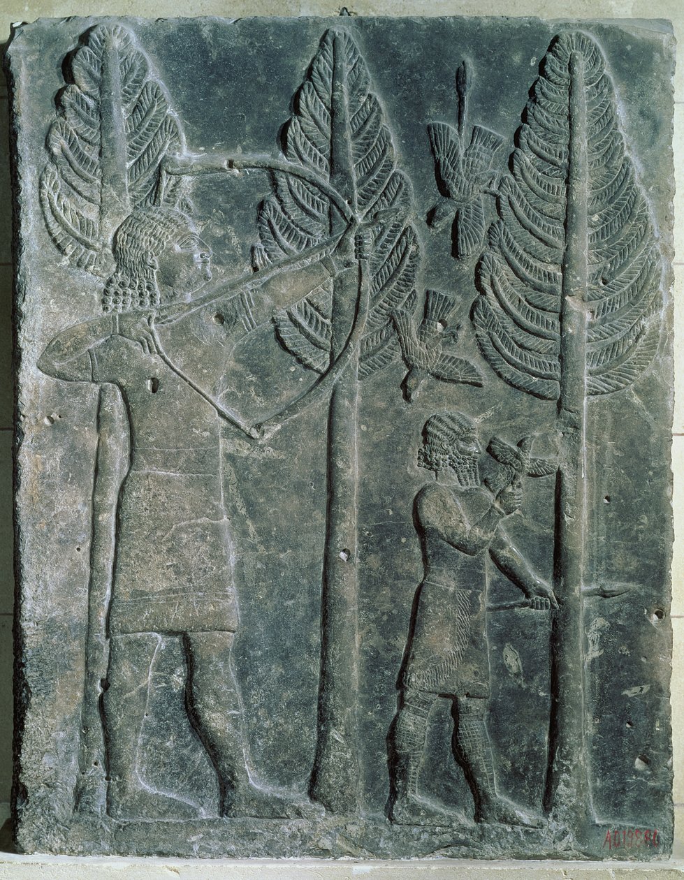 Reliëf dat de jacht op vogels in de bossen toont, uit het paleis van Sargon II in Khorsabad, Irak door Assyrian