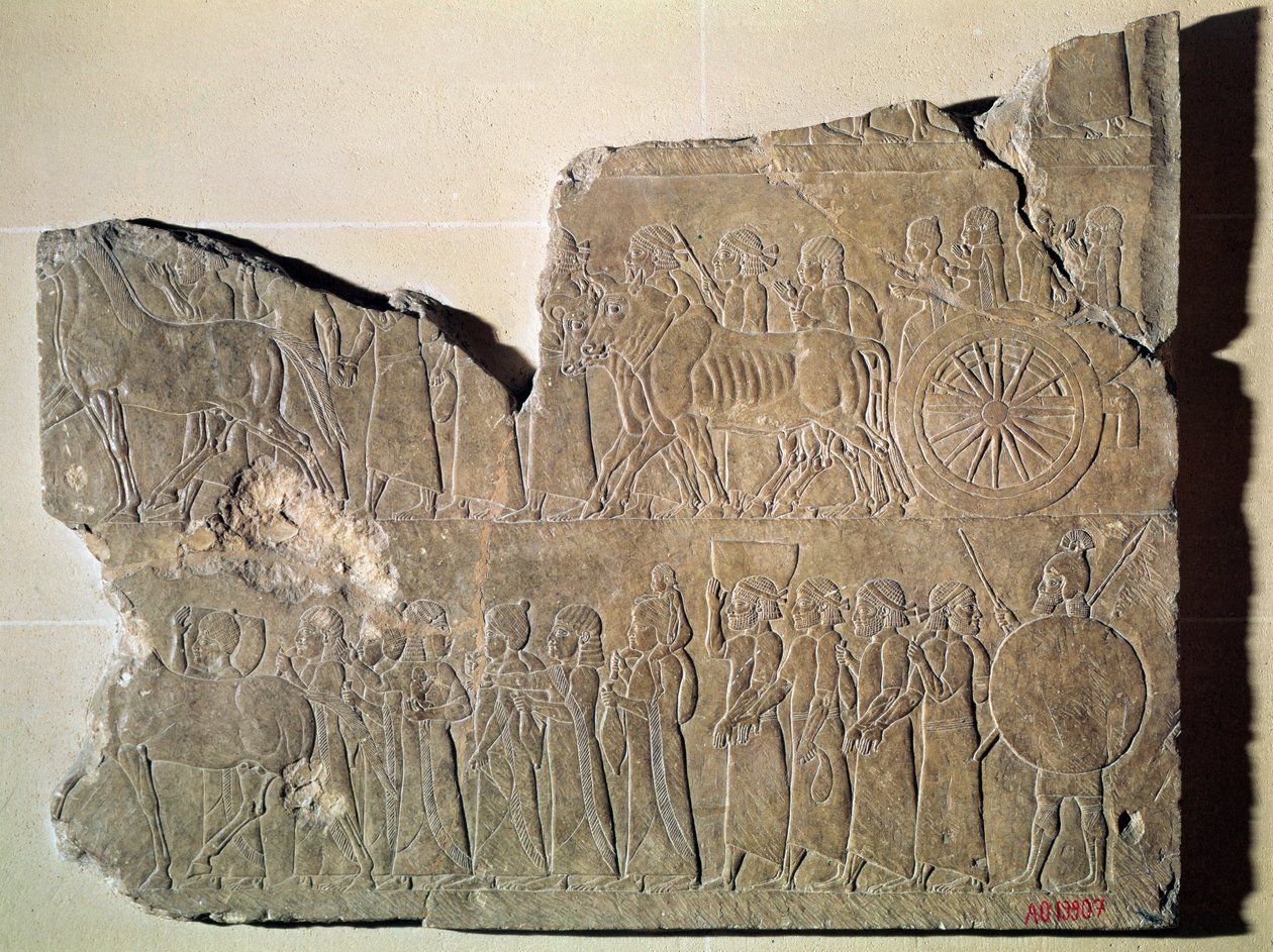 Fragment van een reliëf met een processie van krijgsgevangenen, uit het paleis van Assurbanipal in Nineve (steen) door Assyrian