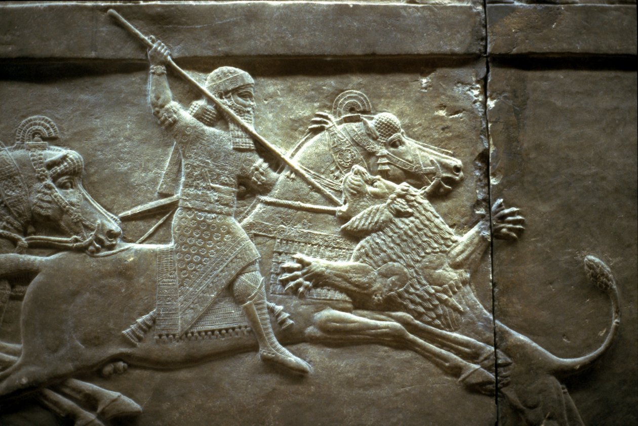 Koning Ashurnasirpal II tijdens een koninklijke leeuwenjacht, 650-620 v.Chr. door Assyrian
