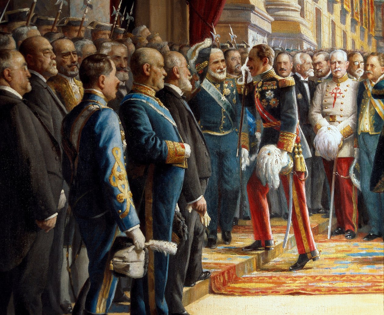 De opening van de Cortes in de Senaat, detail Alfonso XIII van Spanje (1886-1941) begroet Antonio Maura y Montaner (1853-1925) bij zijn binnenkomst in de Senaat, 24 juni 1920 door Asterio Mañanós Martínez