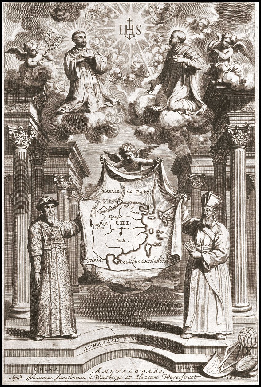 Adam Schall (links) en Matteo Ricci (rechts) in Chinese mandarijnenkostuum, frontispice van 
