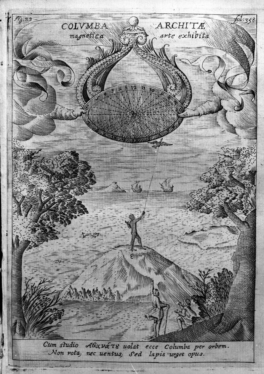 Archytas van Tarente (435-347 v.Chr.) laat een houten duif vliegen. Gravure uit 