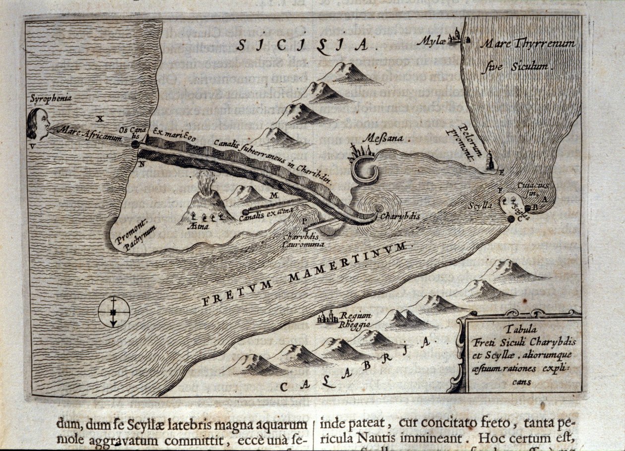 Cartografische weergave van Charybdis en Scylla in de Straat van Messina, Sicilië. Gravure uit 