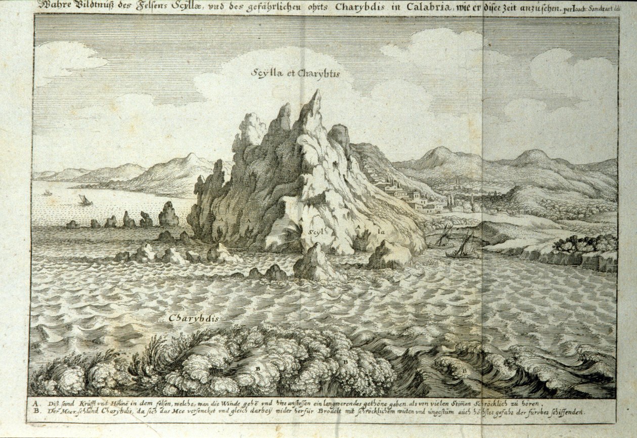 Uitzicht op de rotsen van Charybdis en Scylla in de Straat van Messina, Sicilië. Gravure uit 