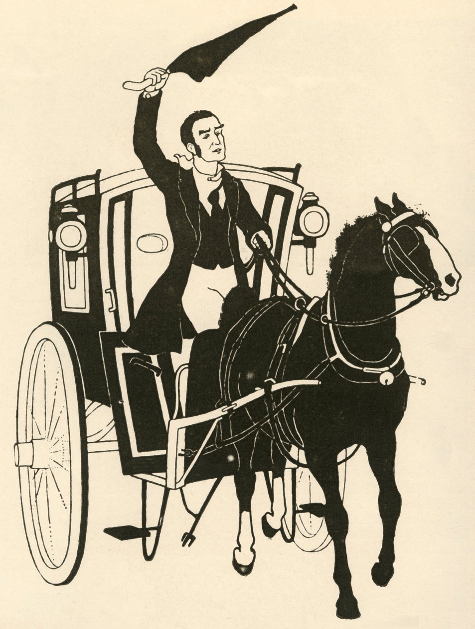 De teugels in één hand grijpen en het paard opjagen met zijn paraplu door Athelstan Rusden