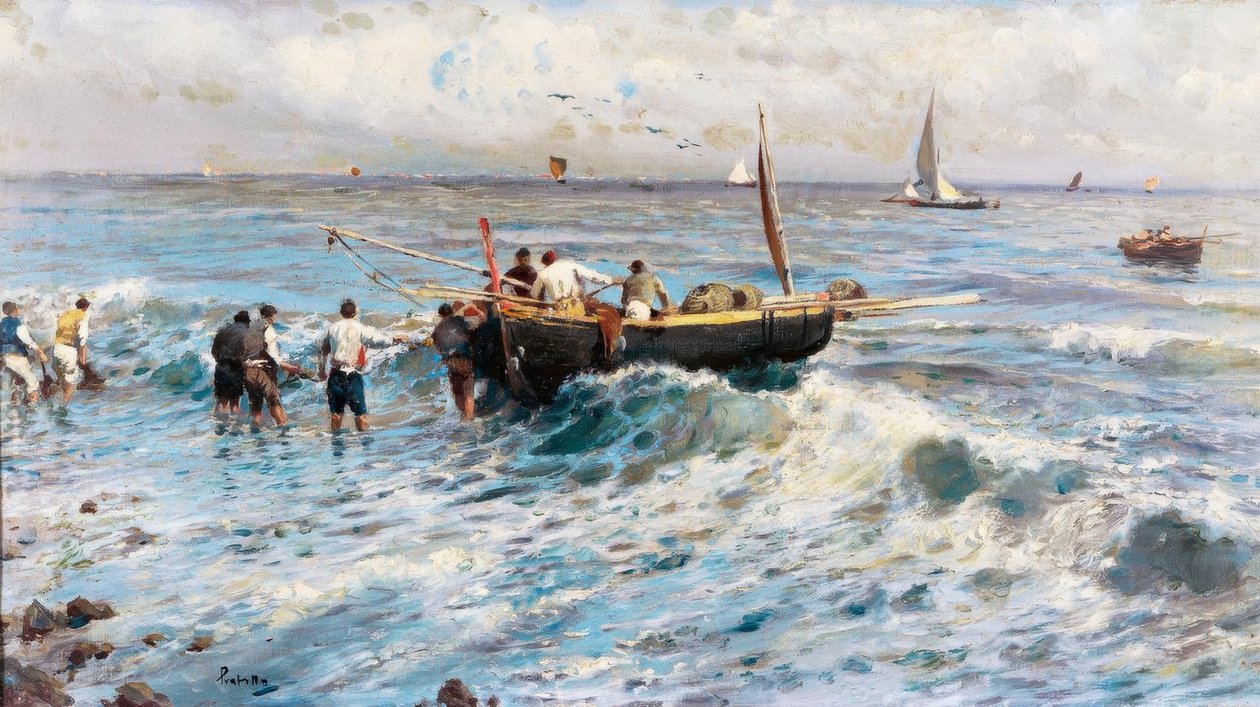 Zeegezicht met vissers door Attilio Pratella