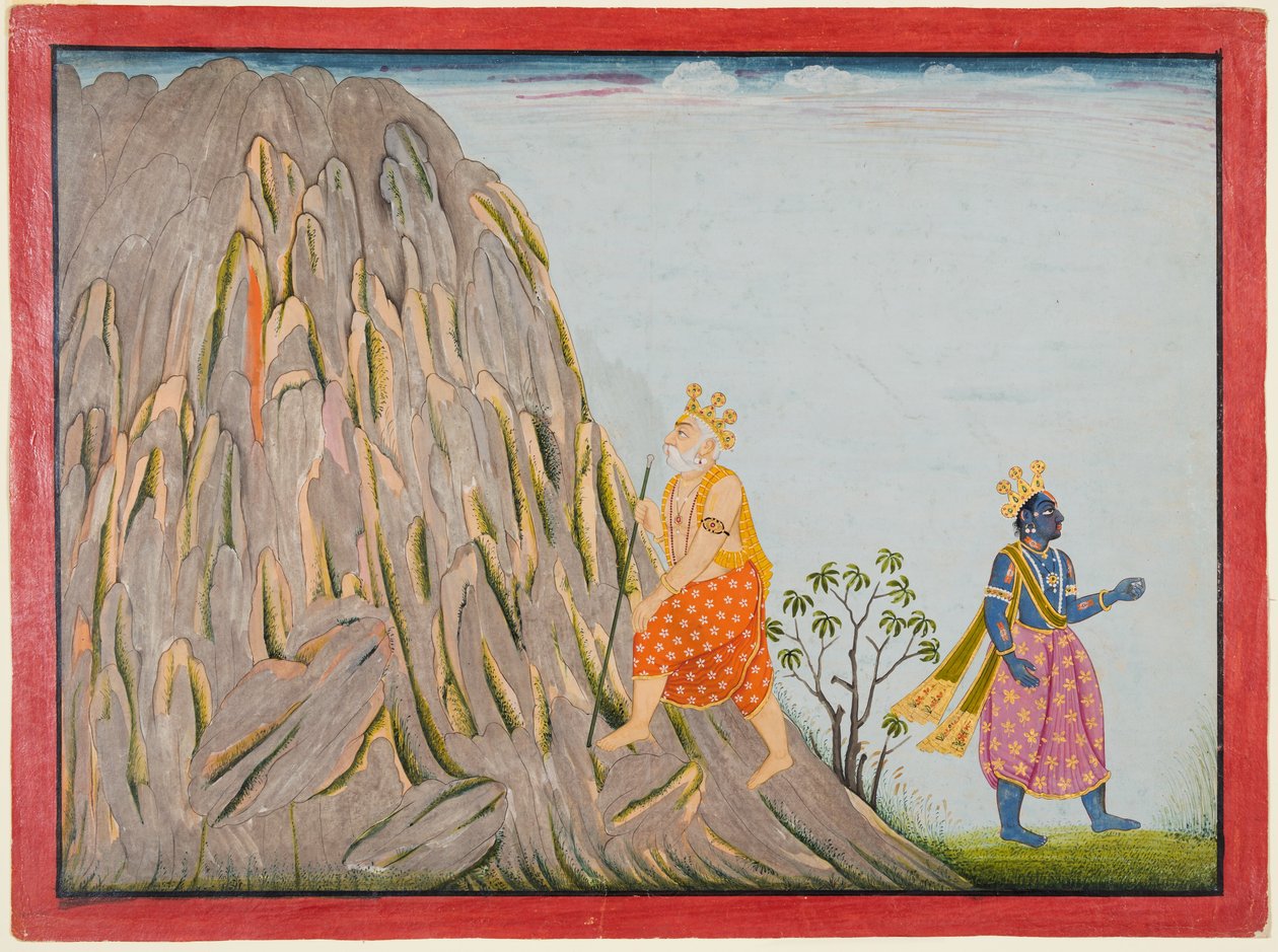 Koning Muchukunda betreedt het rijk van de berg Gandhamadana om verlossing te bereiken, uit de "Vijfde Basohli Bhagavata Purana". door attributed to Fattu