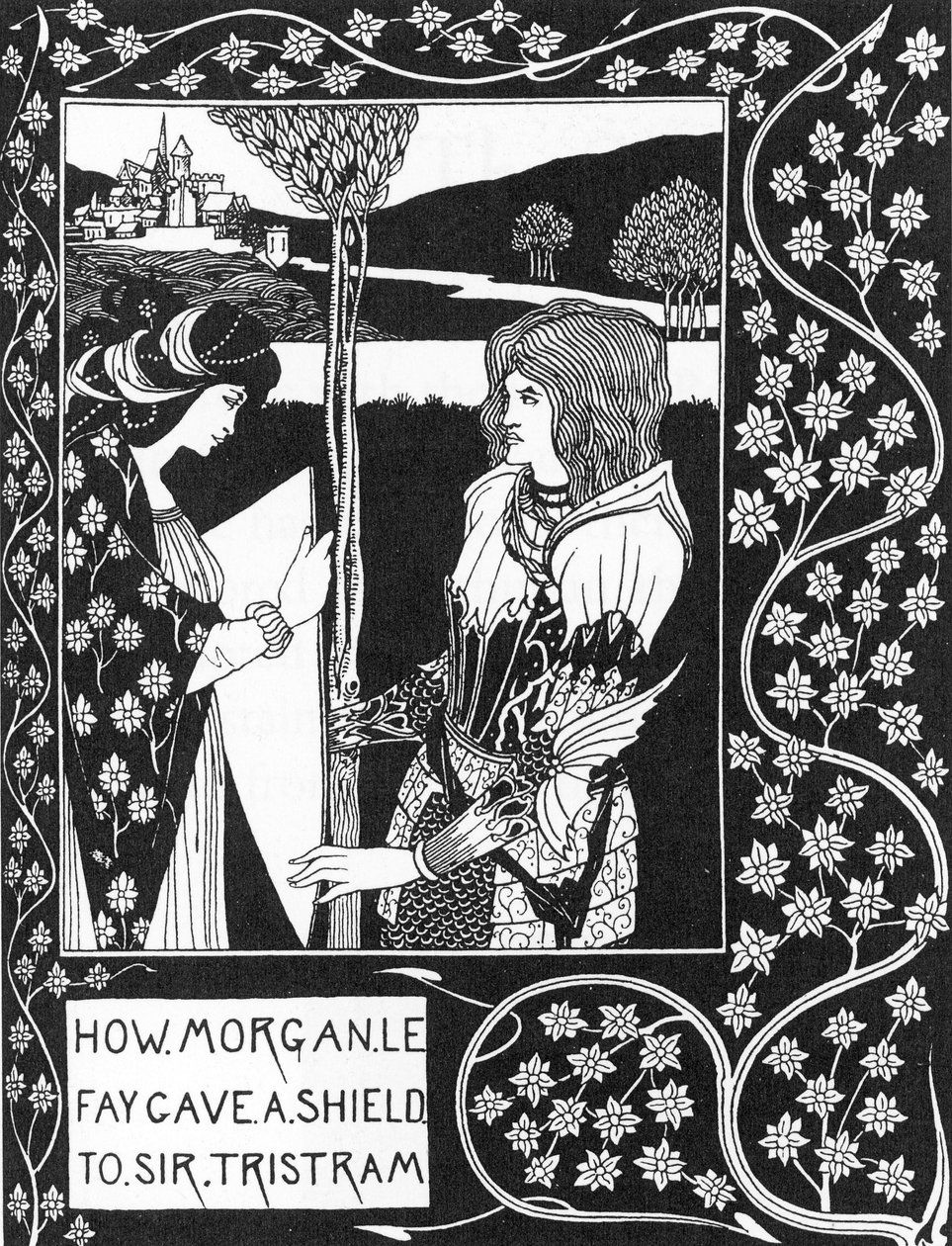 Arthurlegende: De fee Morgane geeft een schild aan Tristan door Aubrey Beardsley
