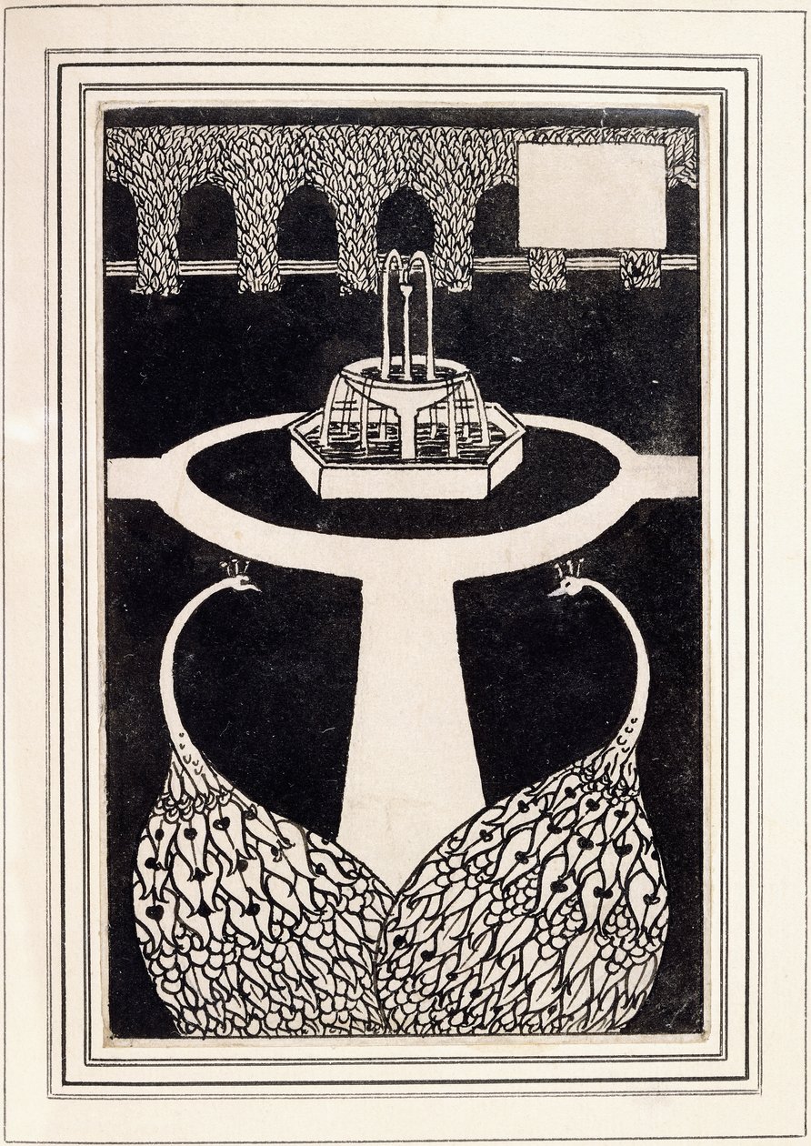 Hoofdstukhoofd met twee pauwen in een tuin met een fontein, c.1893/4 door Aubrey Beardsley