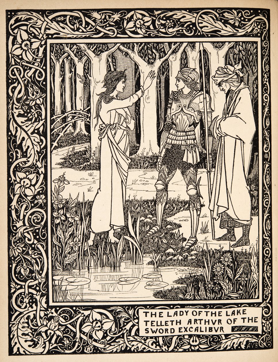 De Vrouwe van het Meer vertelt Arthur van het Zwaard Excalibur door Aubrey Beardsley
