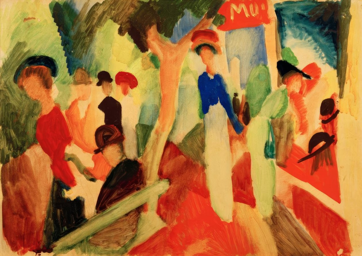 Hoedenwinkel aan de promenade door August Macke