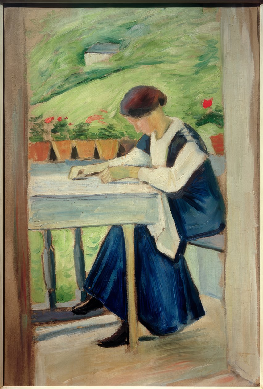 Meisje op het balkon II (in blauwe jurk) door August Macke