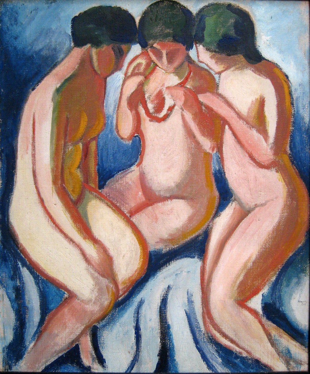 Drie naakten tegen blauwe achtergrond door August Macke