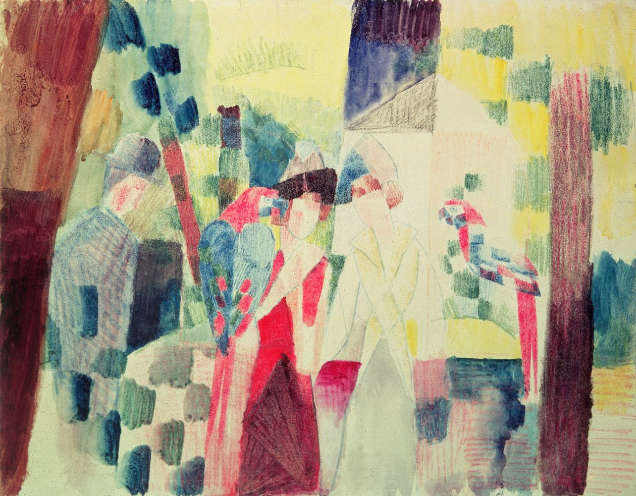 Twee vrouwen en een man met papegaaien door August Macke