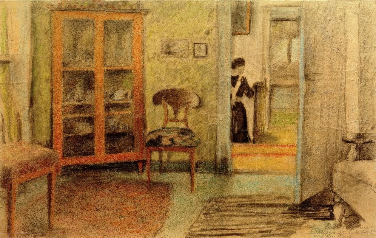 Onze woonkamer met uitzicht op de gang door August Macke