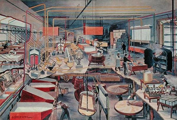 Interieur van een moderne stedelijke zuivelfabriek, illustratie uit 