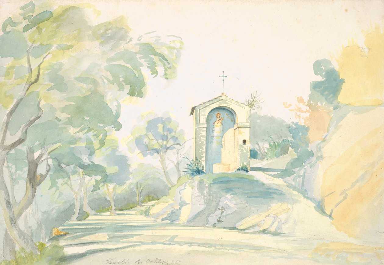 Een kapel langs de weg nabij Tivoli, 1835 door August Georg Friedrich Lucas
