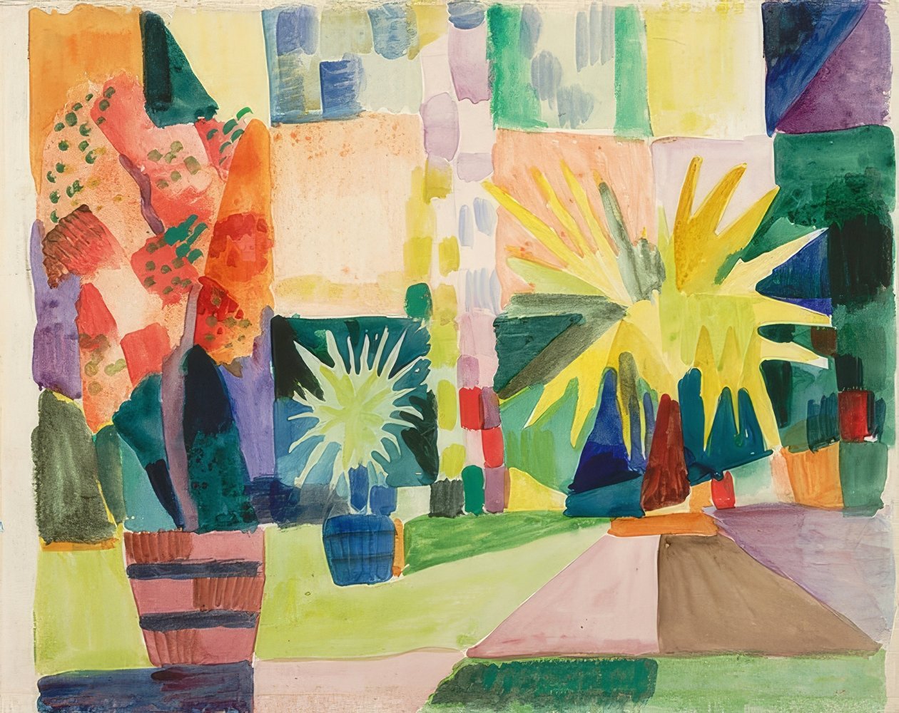 Tuin aan de Thunersee (granaatappelboom en palm in de tuin) door August Macke