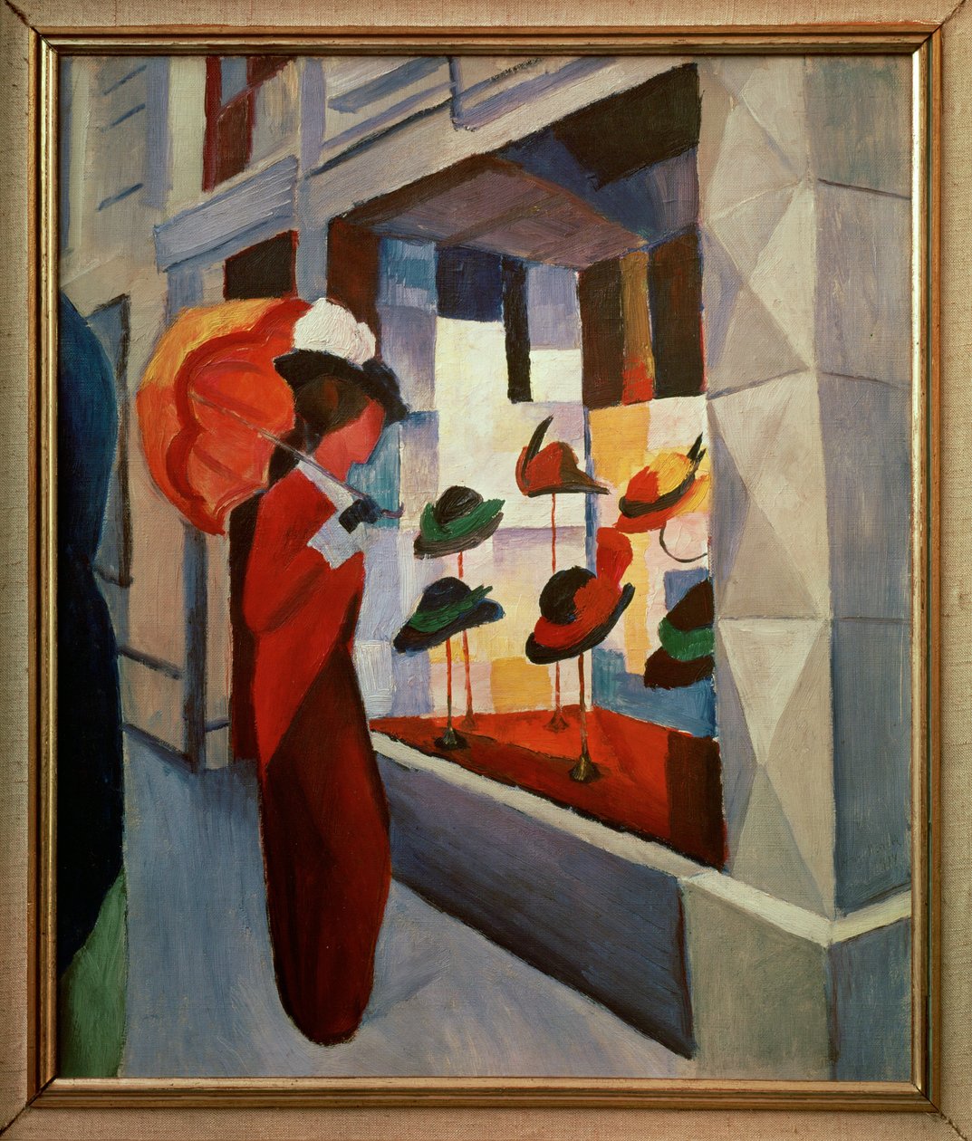 Hoedenwinkel (schilderij op doek) door August Macke