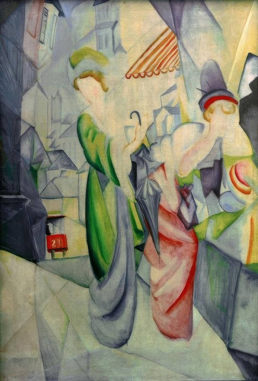 Lichte vrouwen voor de hoedenwinkel door August Macke