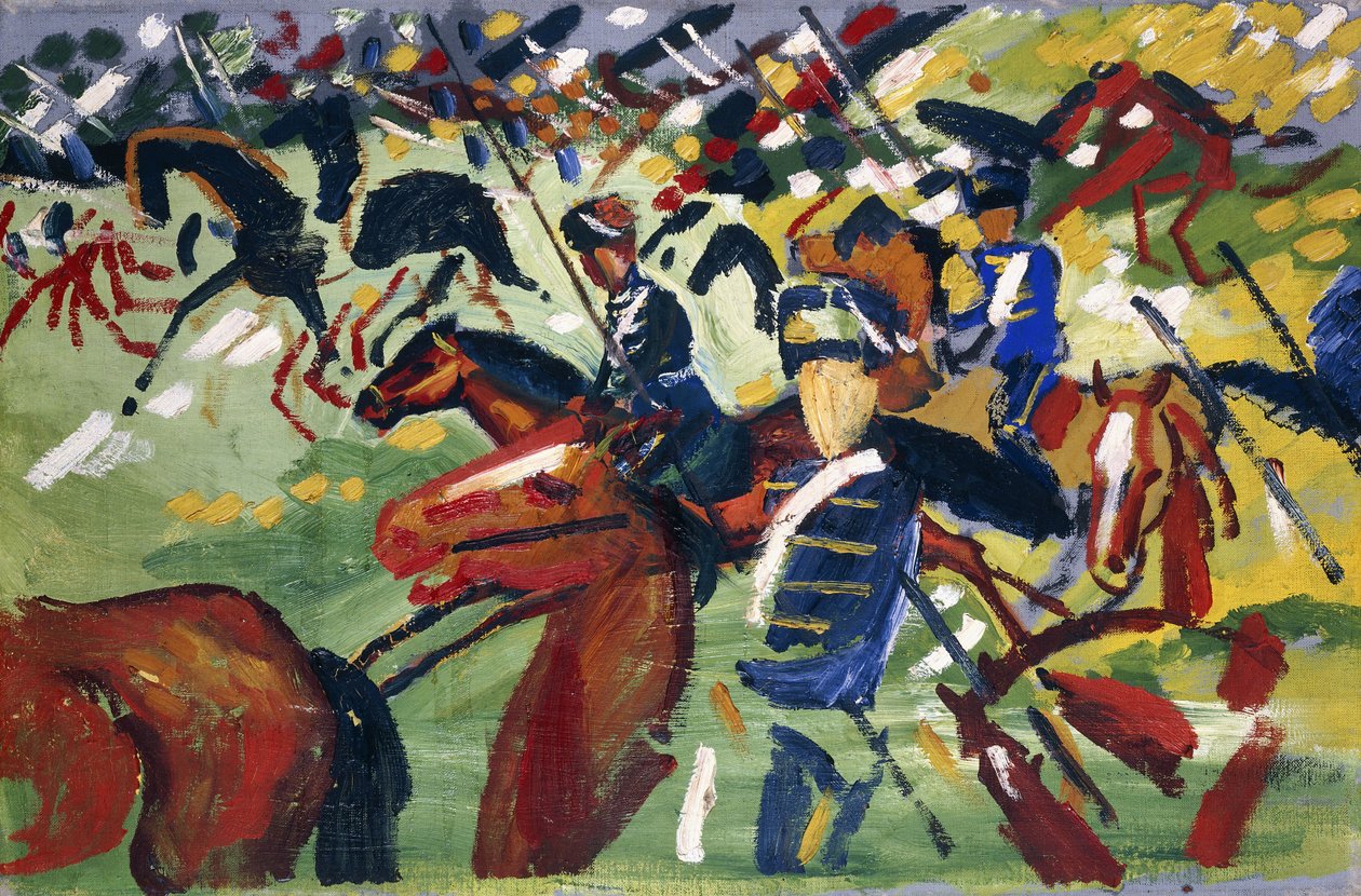 Huzaren vertrekken, 1913 door August Macke