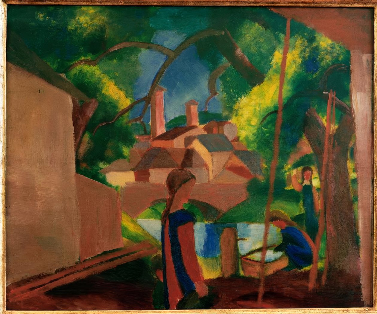 Kinderen bij de fontein met stad op de achtergrond door August Macke