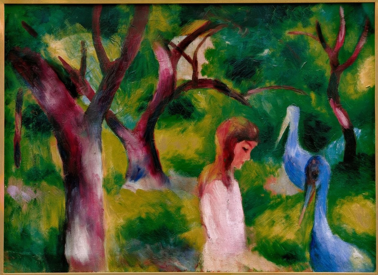 Meisje met blauwe vogels door August Macke