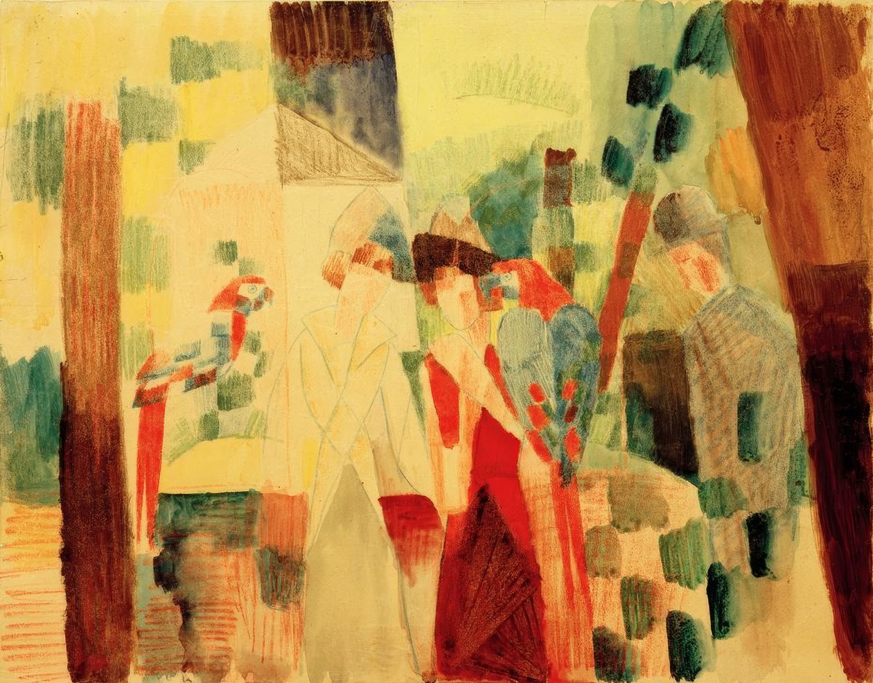 Man en vrouw bij de papegaaien door August Macke