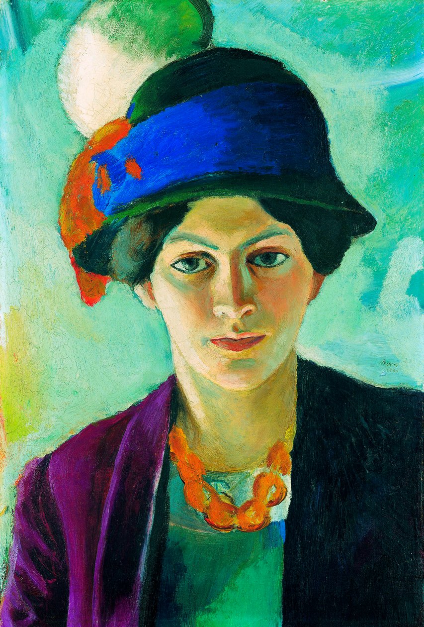 Portret van de vrouw van de kunstenaar met een hoed door August Macke