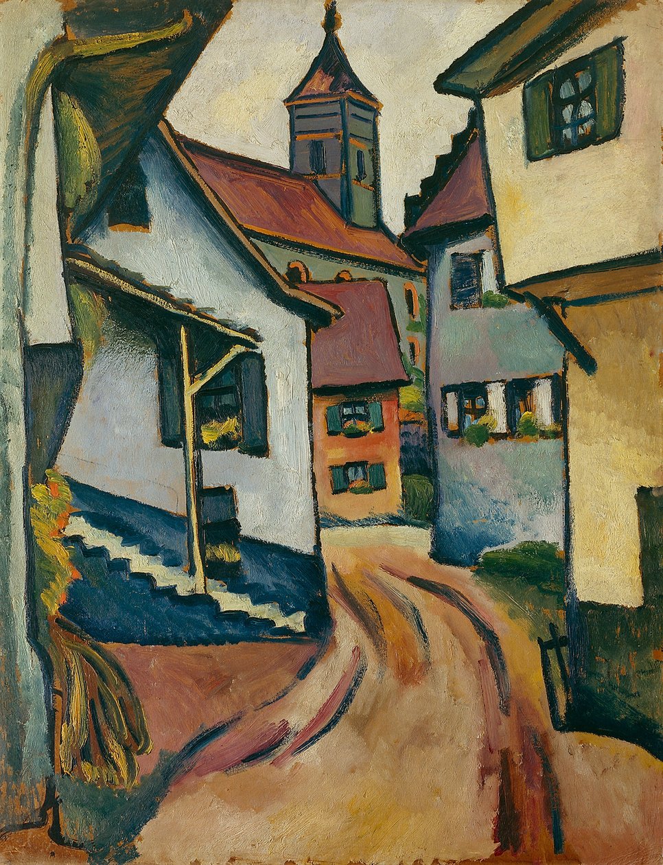 Straat met kerk in Kandern door August Macke