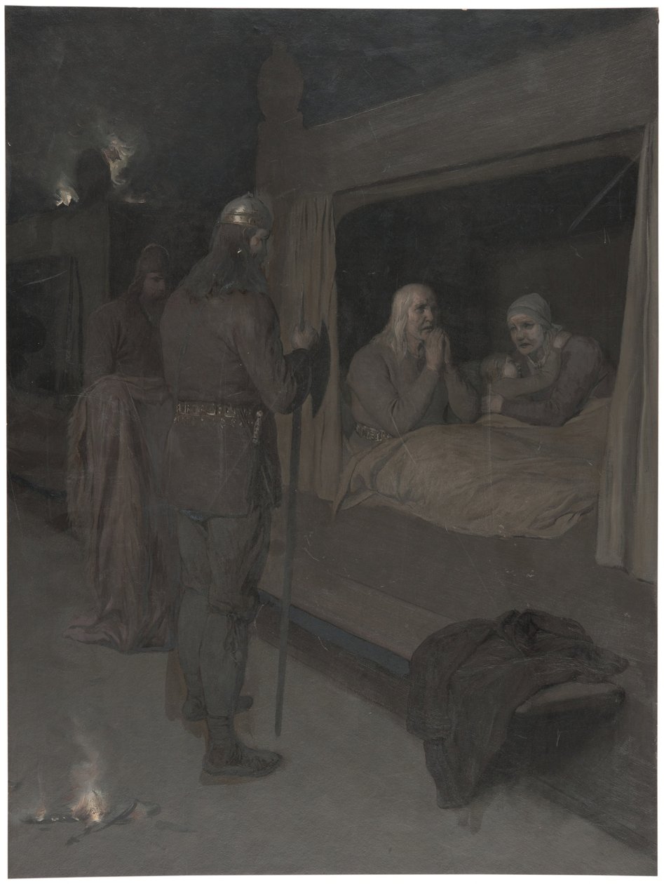 Njal, Bergthora en Thord Karisson besluiten zich levend te laten verbranden. Illustratie voor Njals saga, hfdst. 129 door August Malmström