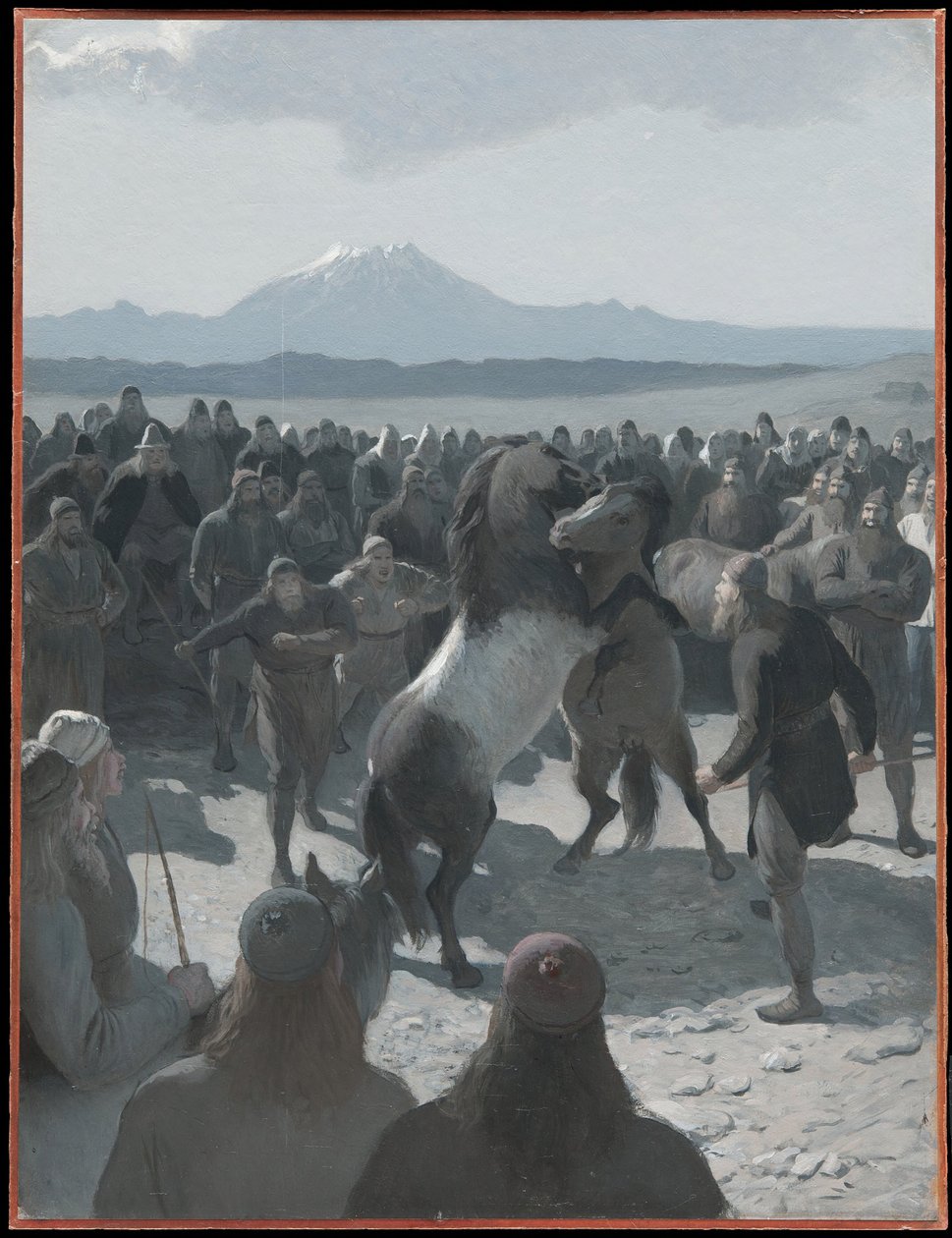 Het paardengevecht bij Hlíðarendi. Illustratie voor de Saga van Njál, hfdst. 59 door August Malmström