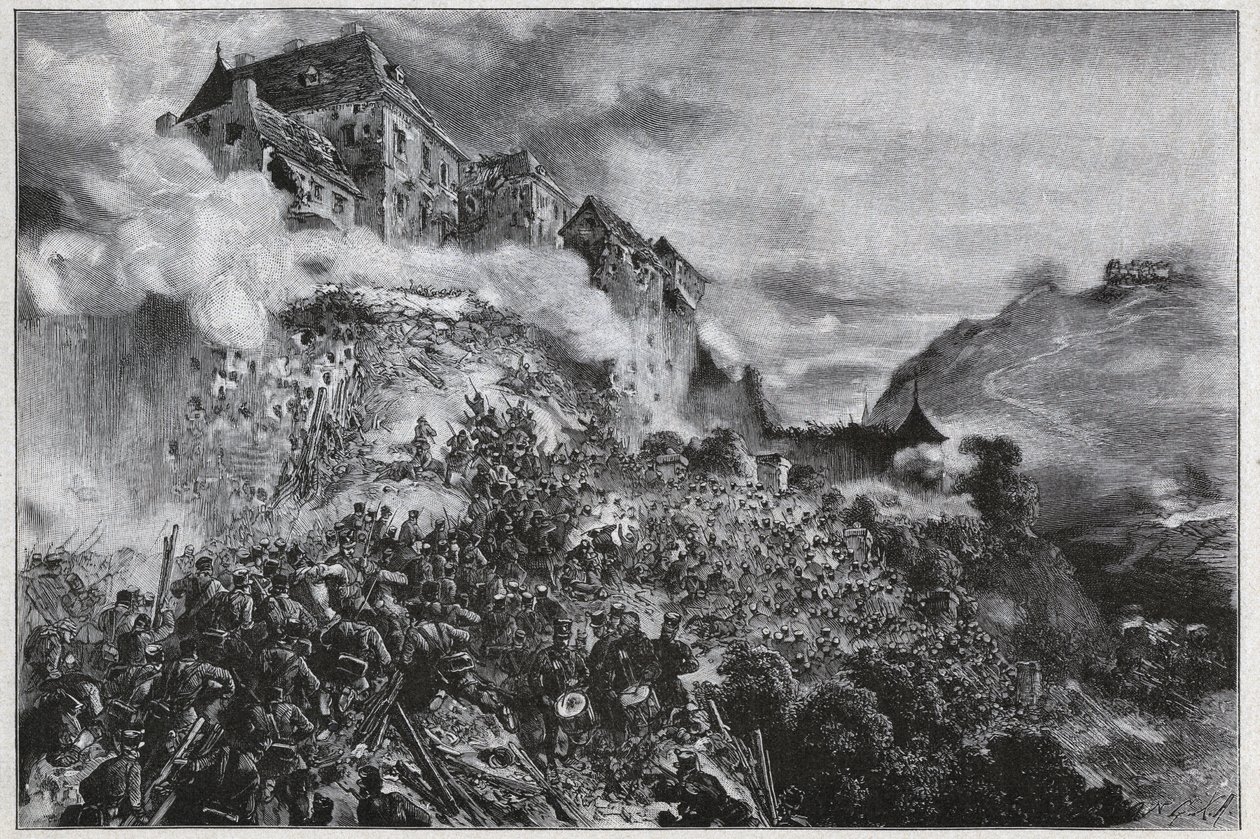 De Hongaarse Revolutie van 1848-1849: Hongaarse rebellen bestormen het Buda (Oven) Kasteel op 21 mei 1849 - naar lithografie van August von Pettenkofer door August Xaver Karl von Pettenkofen